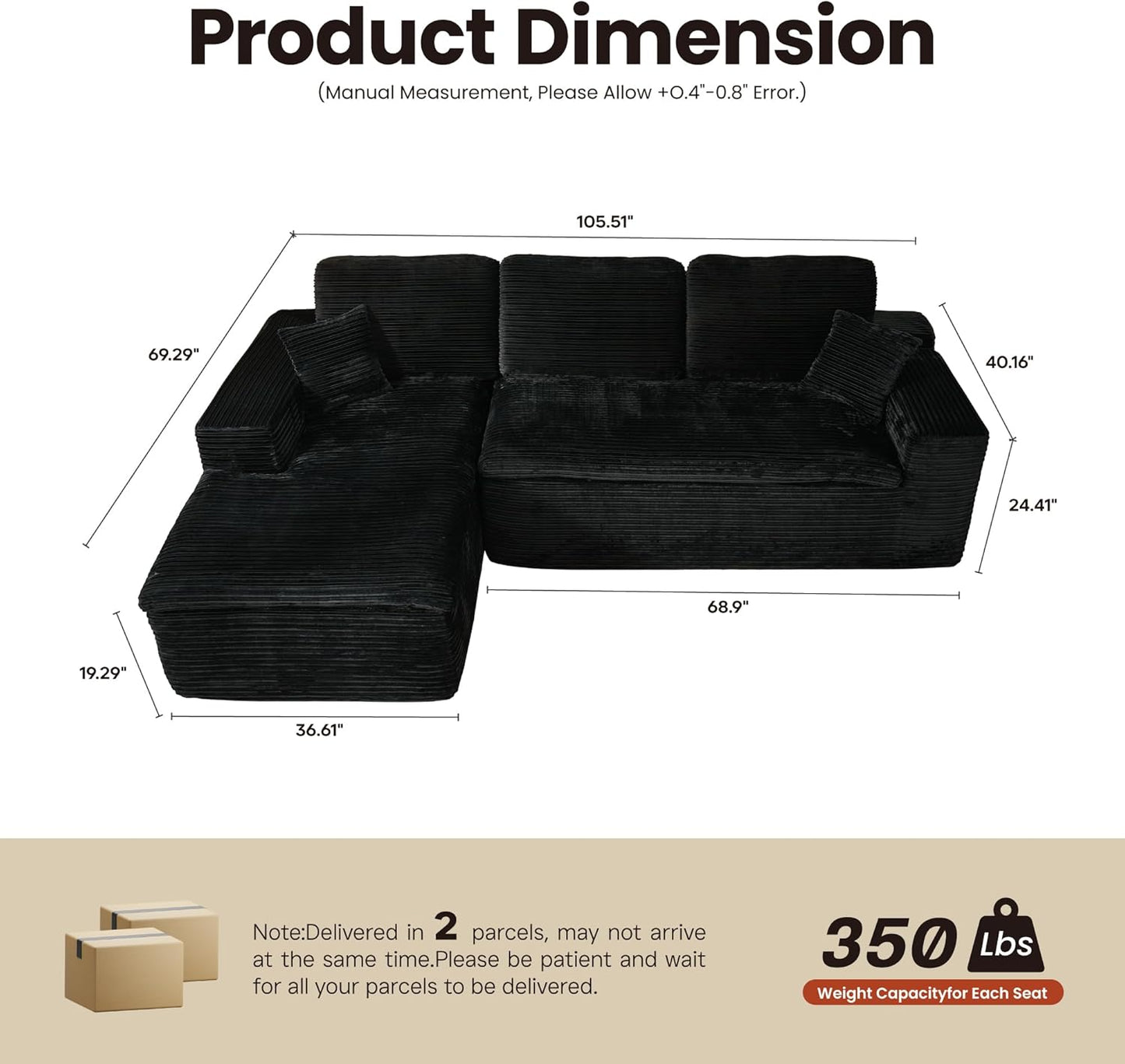 ovios 105” Modular Sectional Sofa with Thicken Seat Cushion, Cloud Couch with Deep Seat, Modern L-Shape Sofas Couches with Chaise,Upholstered Couches for Living Room Bedroom,Black