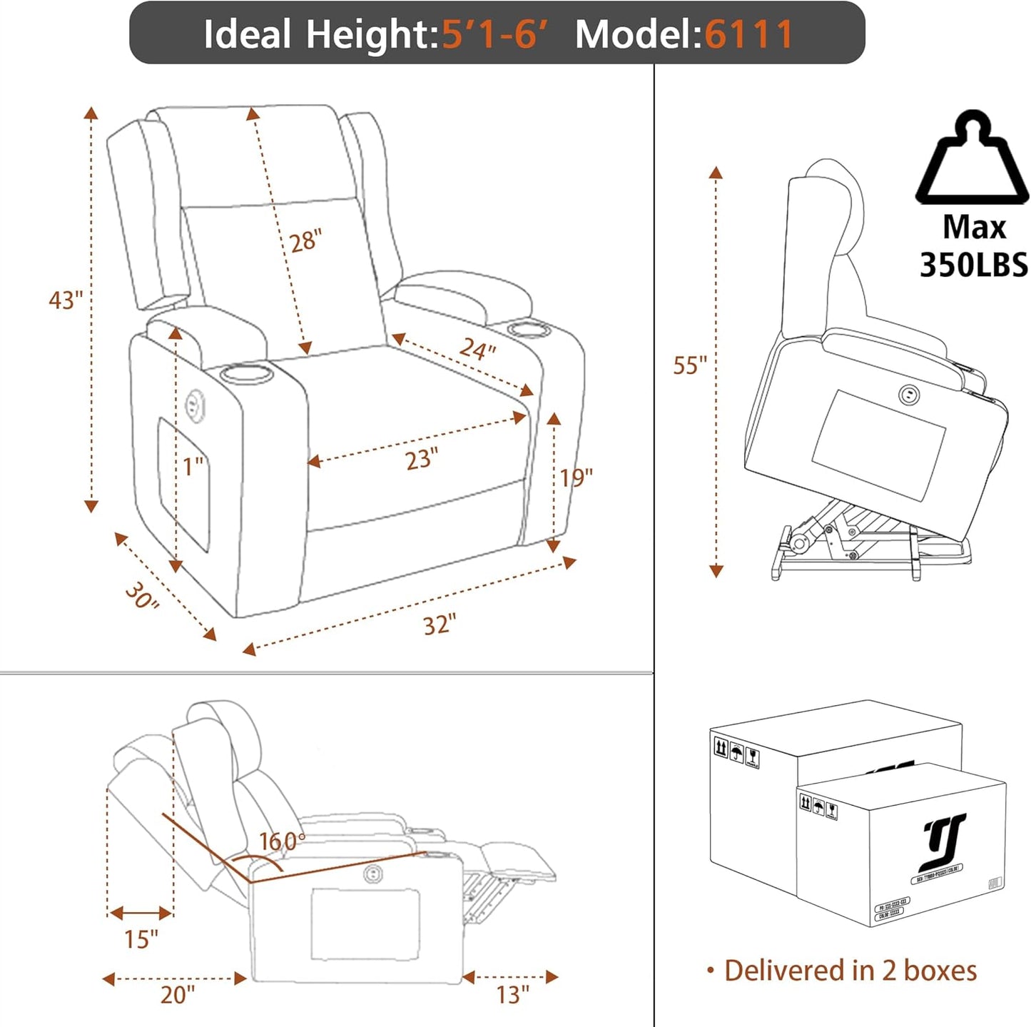Lift Recliner Chair for Adults with Massage and Heating, Power Lift for Elderly, Corduroy Fabric Reclining Chair with USB &Type-C Port, Cup Holders, L6111 (Grey)