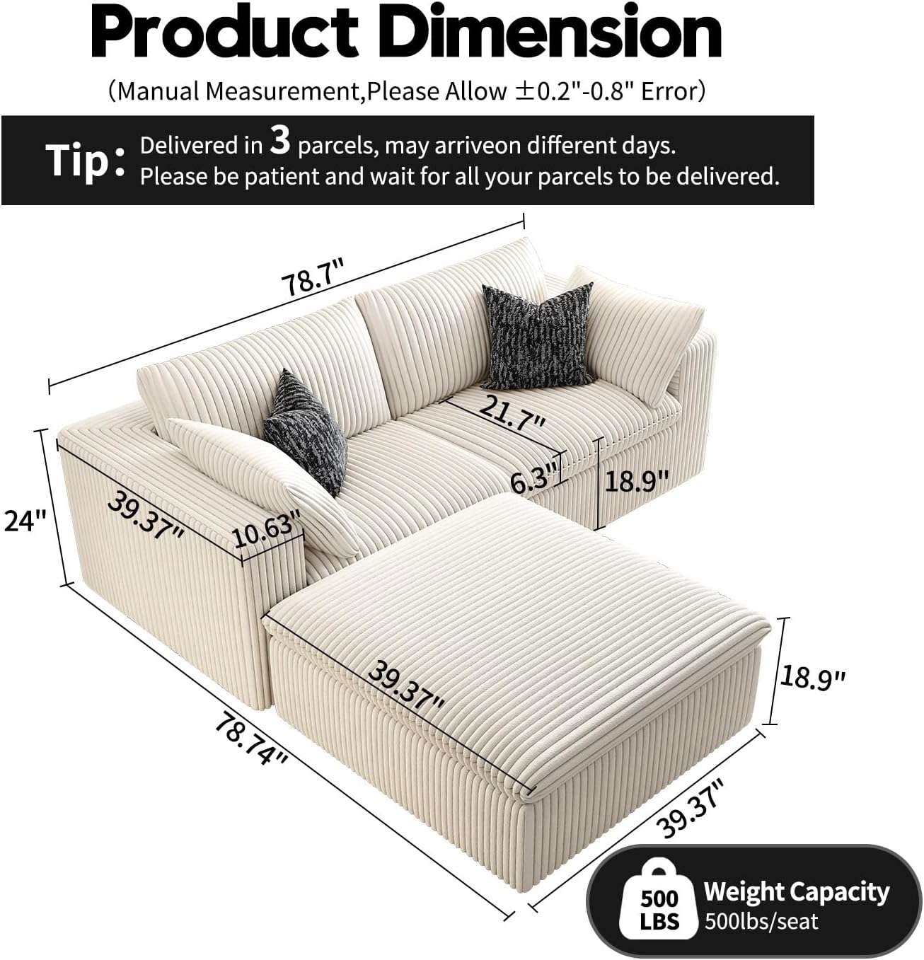 LoveSeat Cloud Couch Modular Sectional Sofa for Living Room,Modern Sofa with Deep Seat，2 Seater Boneless Couch with Ottoman,Comfy Upholstered Couches for Apartment, Studio, Office,Bedroom，White