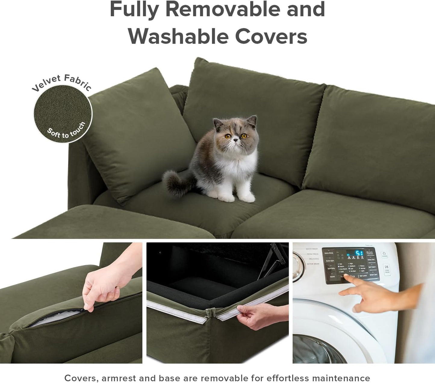 mopio Oversized Modular Sectional Sofa with Fully Removable Covers and Storage, Convertible U, L-Shaped and Sleeper Sectional, Modern Couches with Ottoman Chaise (Olive Green Velvet, 5 Seats, U)