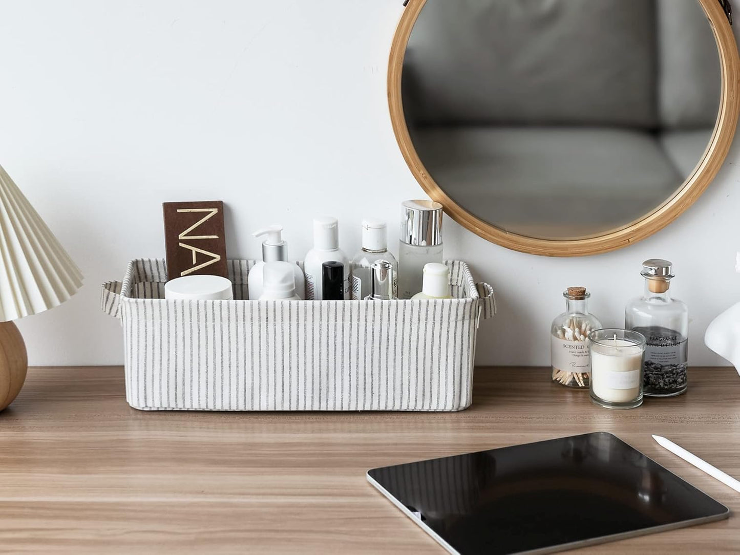 StorageWorks Narrow Storage Bins, Small Basket for Closet and Shelves, Fabric Organizer with Handles, Toilet Paper Storage, Gray and White Stripes, 2-Pack