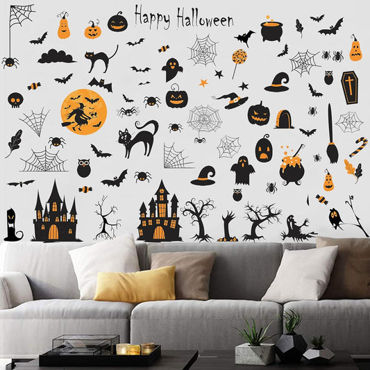 84 PCS Window Clings - Halloween Wall Stickers for Living Room, Pumpkins, Castles, Bats, Cats, Vampire, Witch Stickers, Household Decorative Murals, Party Supplies