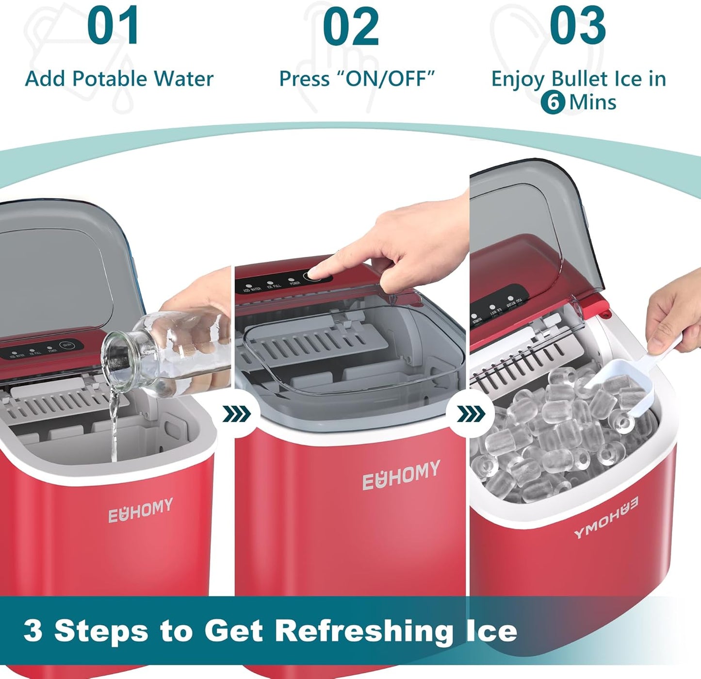 EUHOMY Countertop Ice Maker Machine with Handle, 26lbs Per Day, 9 Ice Cubes Ready in 6 Mins, Auto-Cleaning Portable Ice Maker with Basket and Scoop, for Home/Kitchen/Camping/RV (Red)