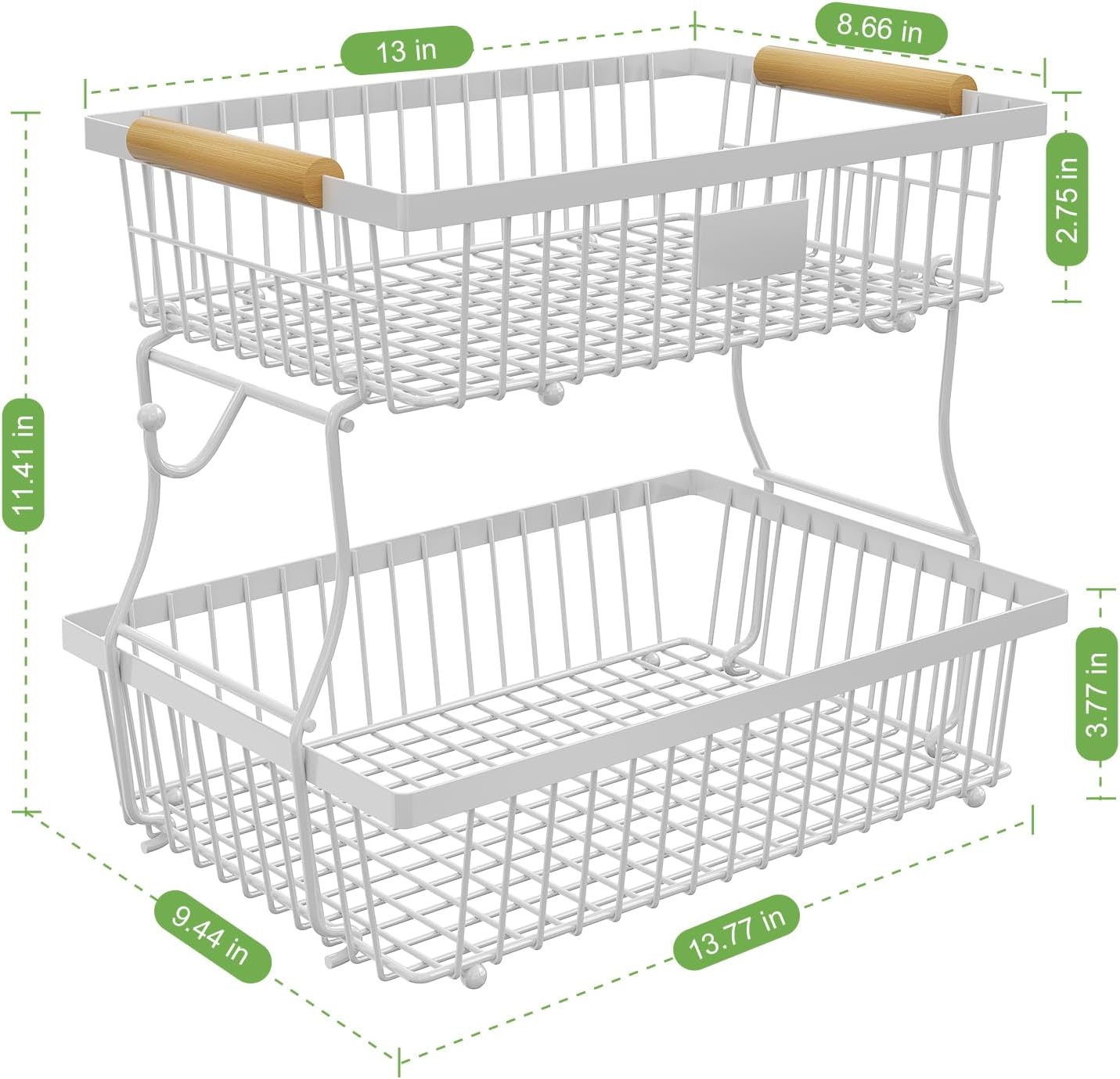 2 Tier Fruit Basket for Kitchen Counter with 2 Banana Hangers, Countertop Metal Fruit Bowl with Wooden Handle, Large Storage Stand for Vegetables, Snacks, Breads, Produce Storage – White