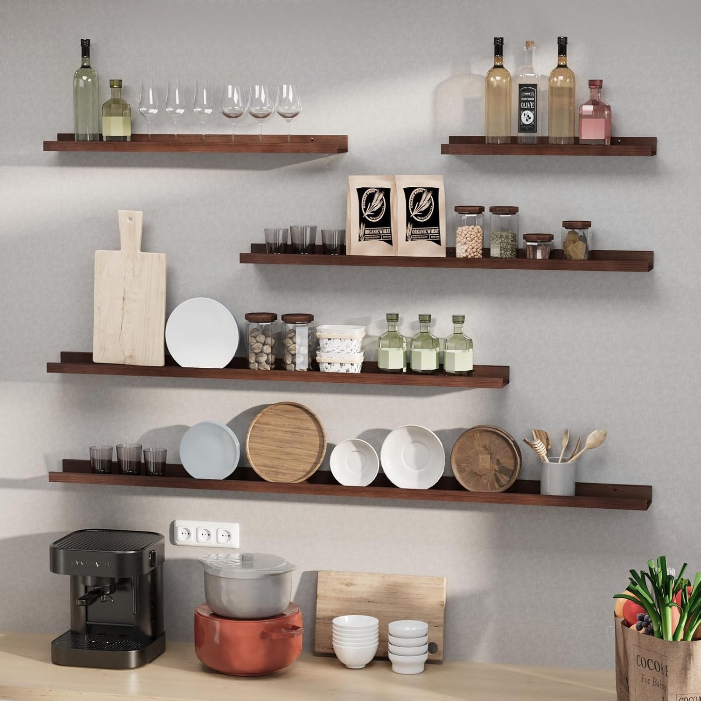 SAUMONIERES Picture Ledge Shelf Floating Book Shelves Set of 2 Wall Mounted Solid Wood for Bedroom Bathroom Living Room Kitchen, 48 Inch Walnut