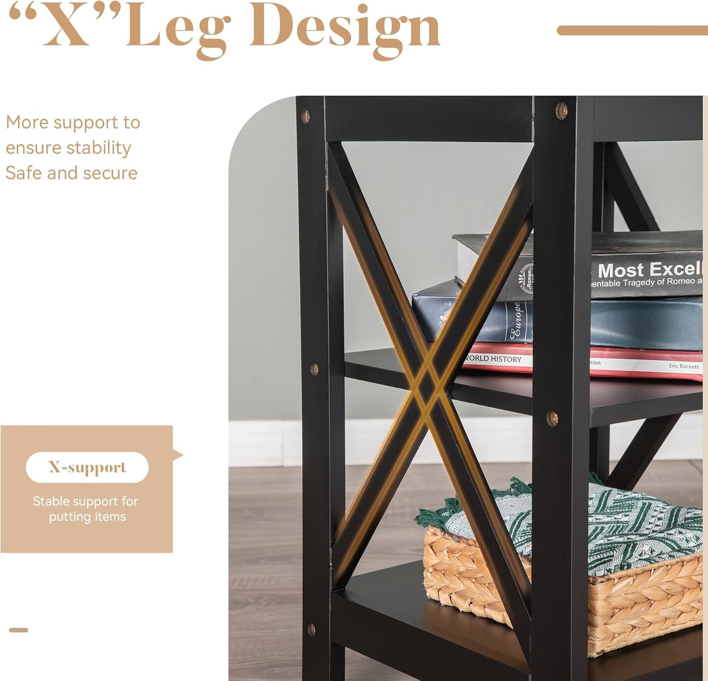 ALPHA HOME Side Tables Farmhouse End Table Set of 2, Small Bedside Tables 3-Tier Storage Shelf for Small Spaces, Couch End Tables, End Table for Living Room, Bed Room, Black