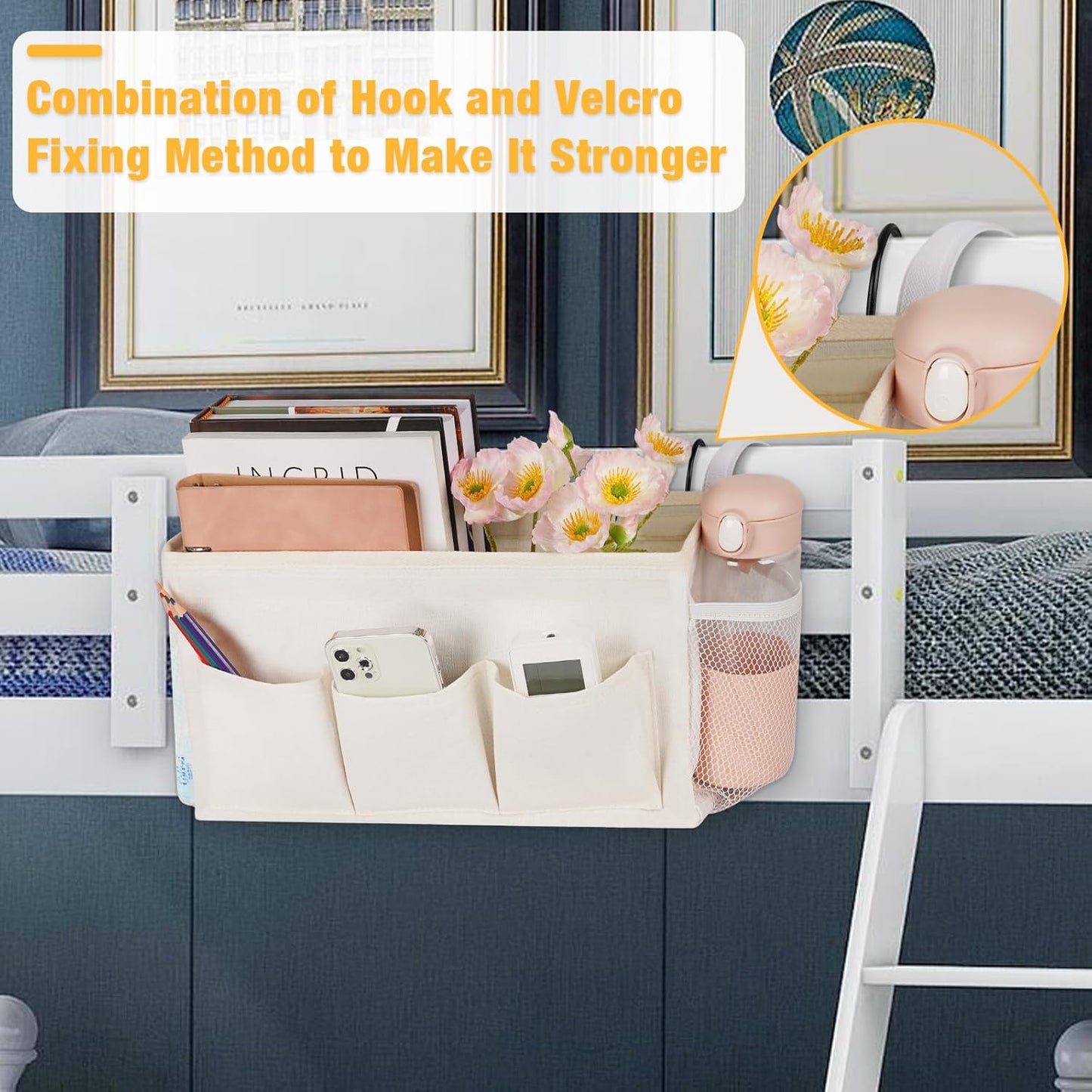 Bedside Caddy Organizer with Fixed Straps and Water Bottle Holder for Home, College Dorm, Hospital, Crib and Bunk Bed (2pcs White)