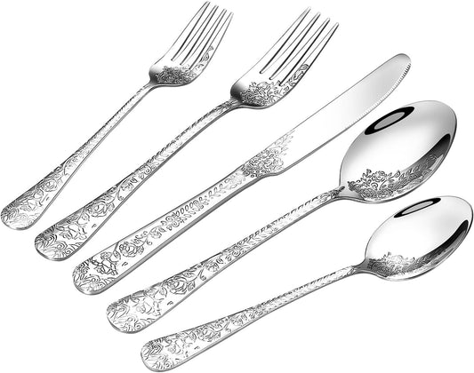 Floral 40 Pcs Silverware Set for 8, Food Grade Stainless Steel Flatware Set with Rose Flower Embossed Design, Eating Utensils Sets Include Fork/Knife/Spoon, Reusable Cutlery Set, Dishwasher Safe