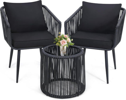 Kromax 3 Pieces Patio Rattan Bistro Conversation Set, Outdoor All-Weather Wicker Furniture Chairs and Side Table Set Ideal for Balcony, Porch and Backyard, Black