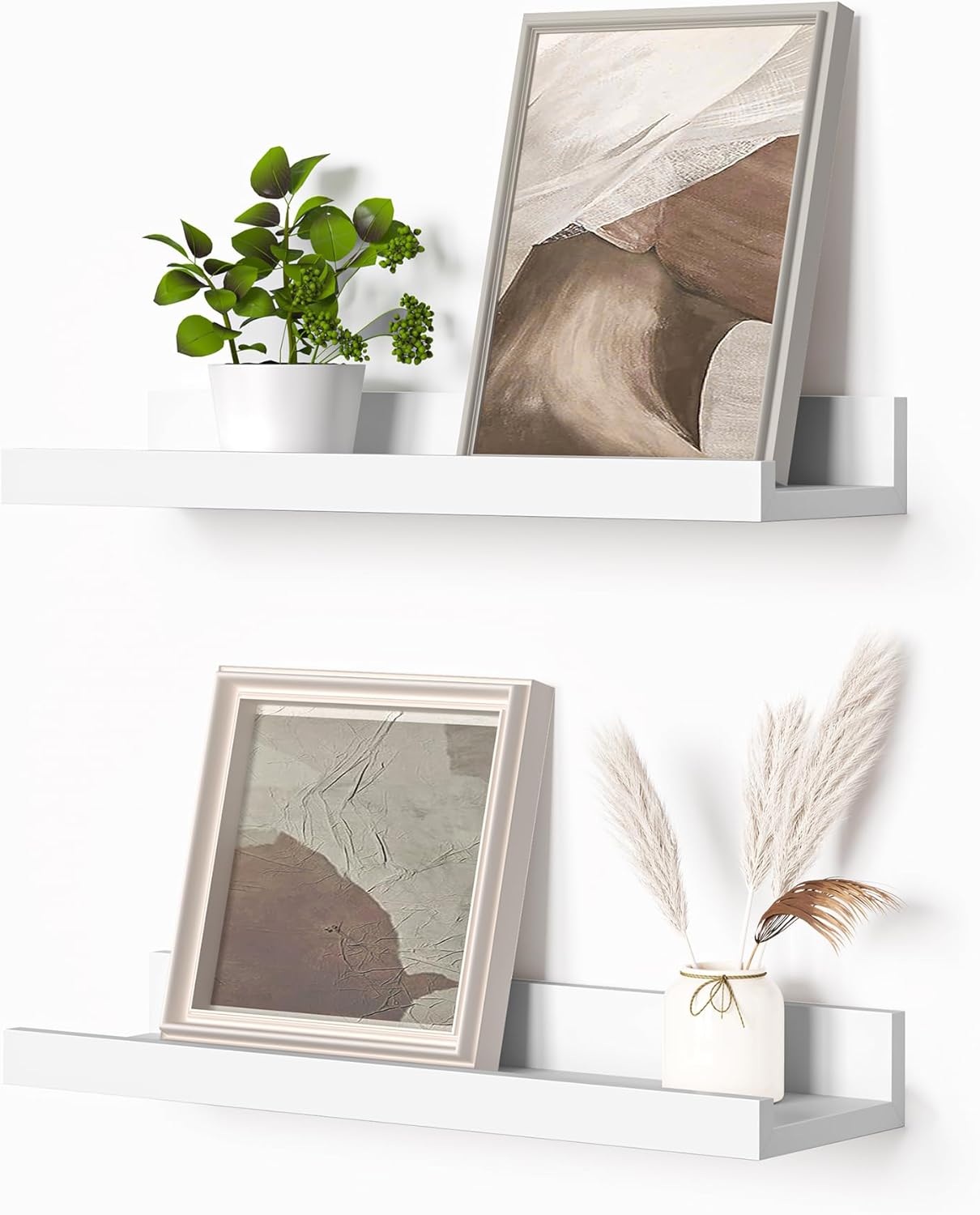 Heimlove Picture Ledge Shelf, Floating Shelves Set of 2, 16 Inches Picture Shelf for Wall with Ledge, Kids Bookshelf Wall Mounted for Living Room Bedroom Decor Books Photo Frames - White