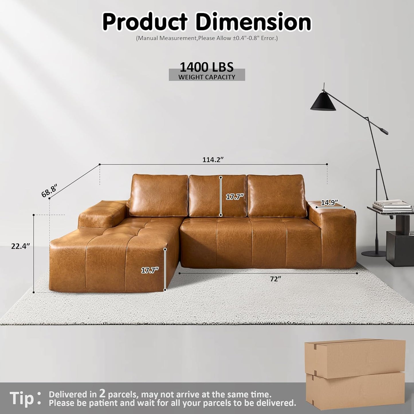 ovios Sectional Cloud Couch for Living Room, Modular Floor Sofa with Plush Corduroy, No Assembly Required, Big Comfy Couches Set with Fluffy Memory Foam, Stupendous U Shaped Sofas with Chaise, Brown