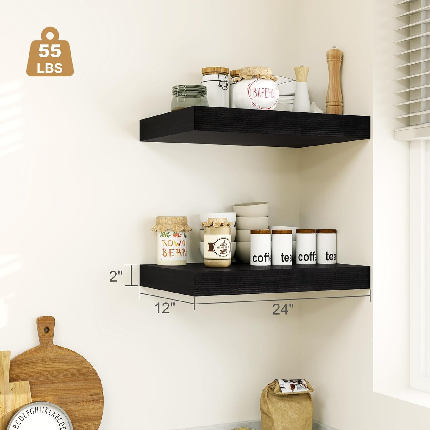 Heimlove Black Bathroom 12'' Deep Floating Shelves for Wall - Shelf Over Toilet Wall Mounted Farmhouse 24 inches,Rustic Wood Shelves Decor & Storage,Set of 1