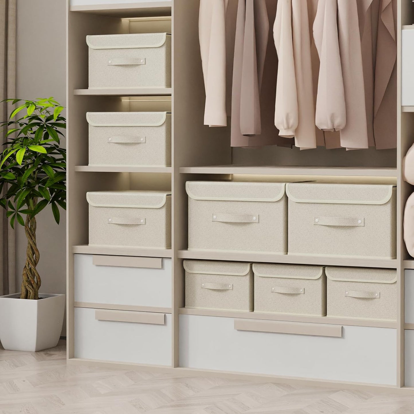 Fabric Storage Bins Cube Organizers with Flip-Top Lid and Handles,Storage Boxes for Organizing Home,Office,and Closet,Grey and Beige,3 Pack 13 X 9.1 X 7.9 in