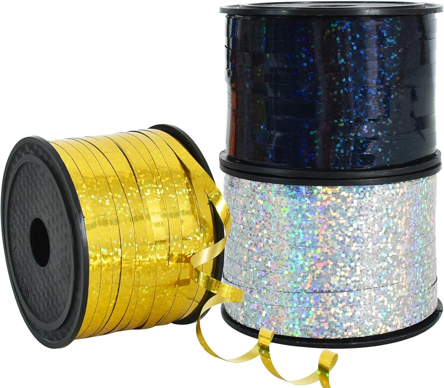 BEISHIDA 3 Pack 100 Yards Gold Silver Black Curling Crimped Glitter Ribbon Balloon String Shiny Metallic Gift Wrapping Ribbon Birthday Party Festival Art Craft Decor Florist Flowers Decoration