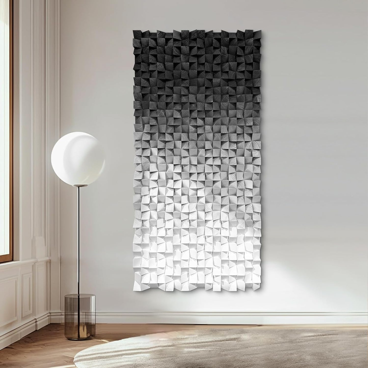 LIUZEYUE - Wooden Block Stereoscopic Painting Geometric Modeling Wall Decoration 3D Wooden Artwork Living Room Bedroom Background Wall Office Decoration Black and White Gradient 23.6 x 47.2 inches