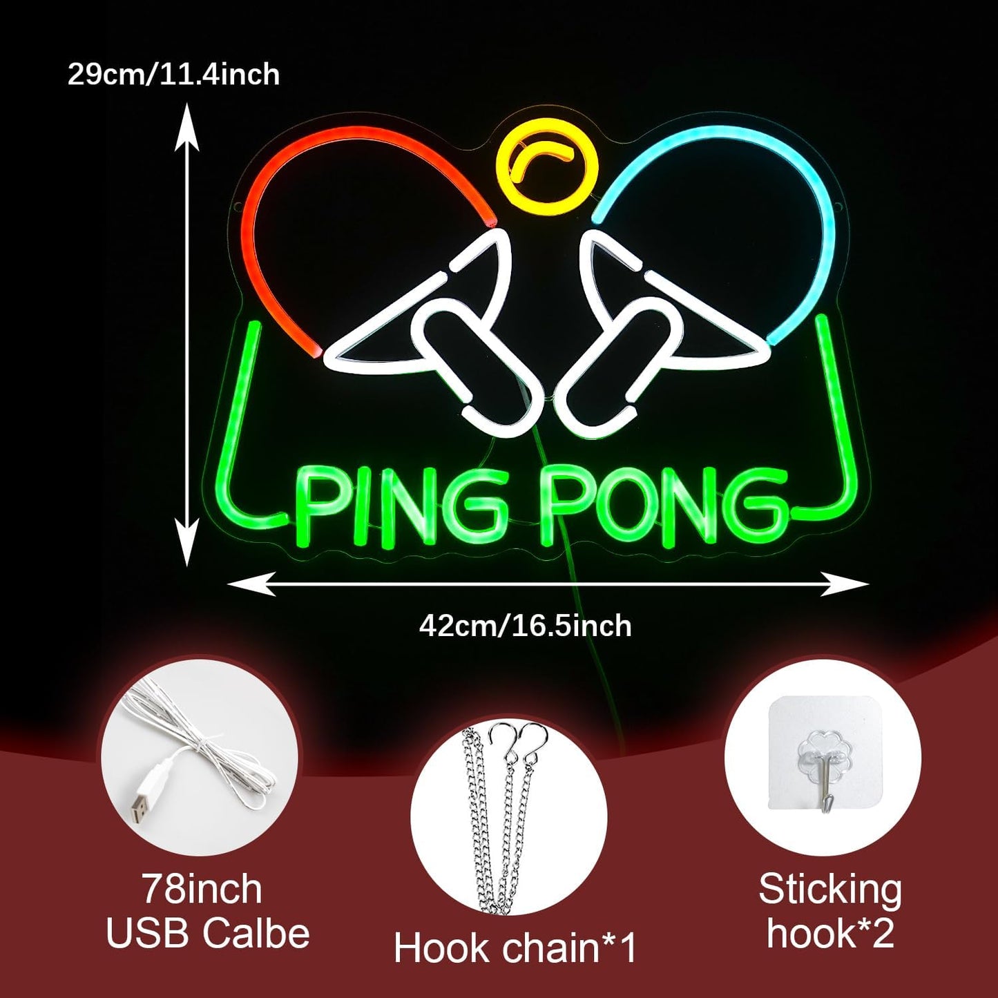 Ping Pong Neon Sign Table Tennis LED Light Up Sign for Wall Decor 16.5*11.4 In USB Dimmable Ping Pong Neon Light for Gymnasium Game Room Bedroom Gift for Table Tennis Enthusiasts(Multicolored)