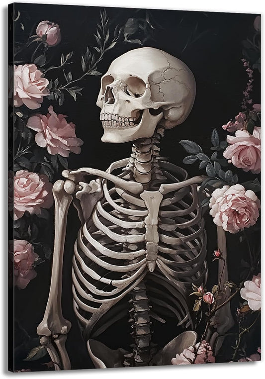 OAAPITI Skull Floral Wall Art Vintage Skeleton Portrait Canvas Print Dark Gothic Skull Art for Living Room Bedroom Home Wall Decor Ready to Hang(Artwork-10,12"x18")