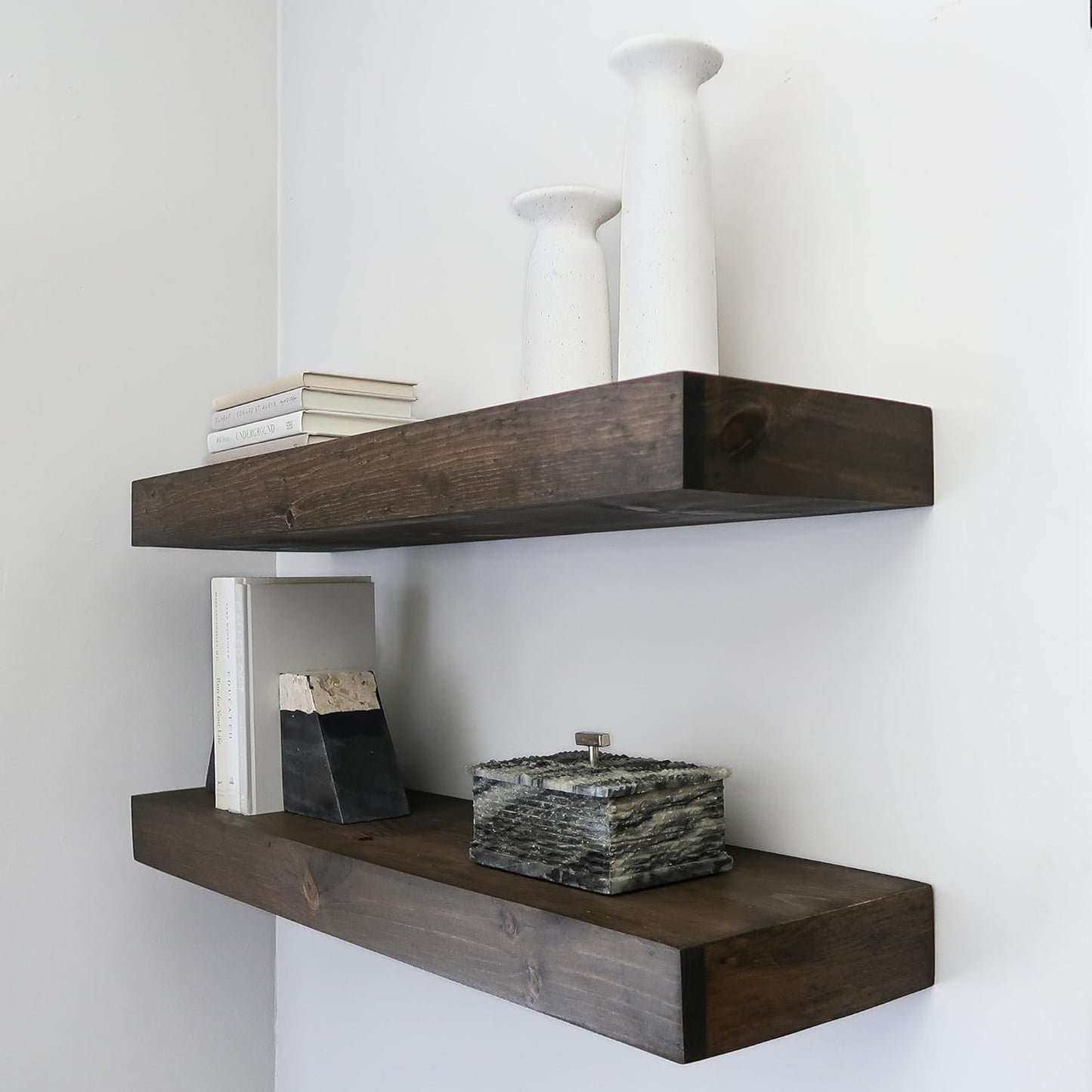 Modern Floating Shelves 3 Inches Thick for Wall, Wide Shelves for Kitchen, Living Room, Bedroom, and Bathroom, Natural Pine Wood, Rustic Wooden Shelf, (Set of 2) (Jacobean, 24Lx3Hx8D)