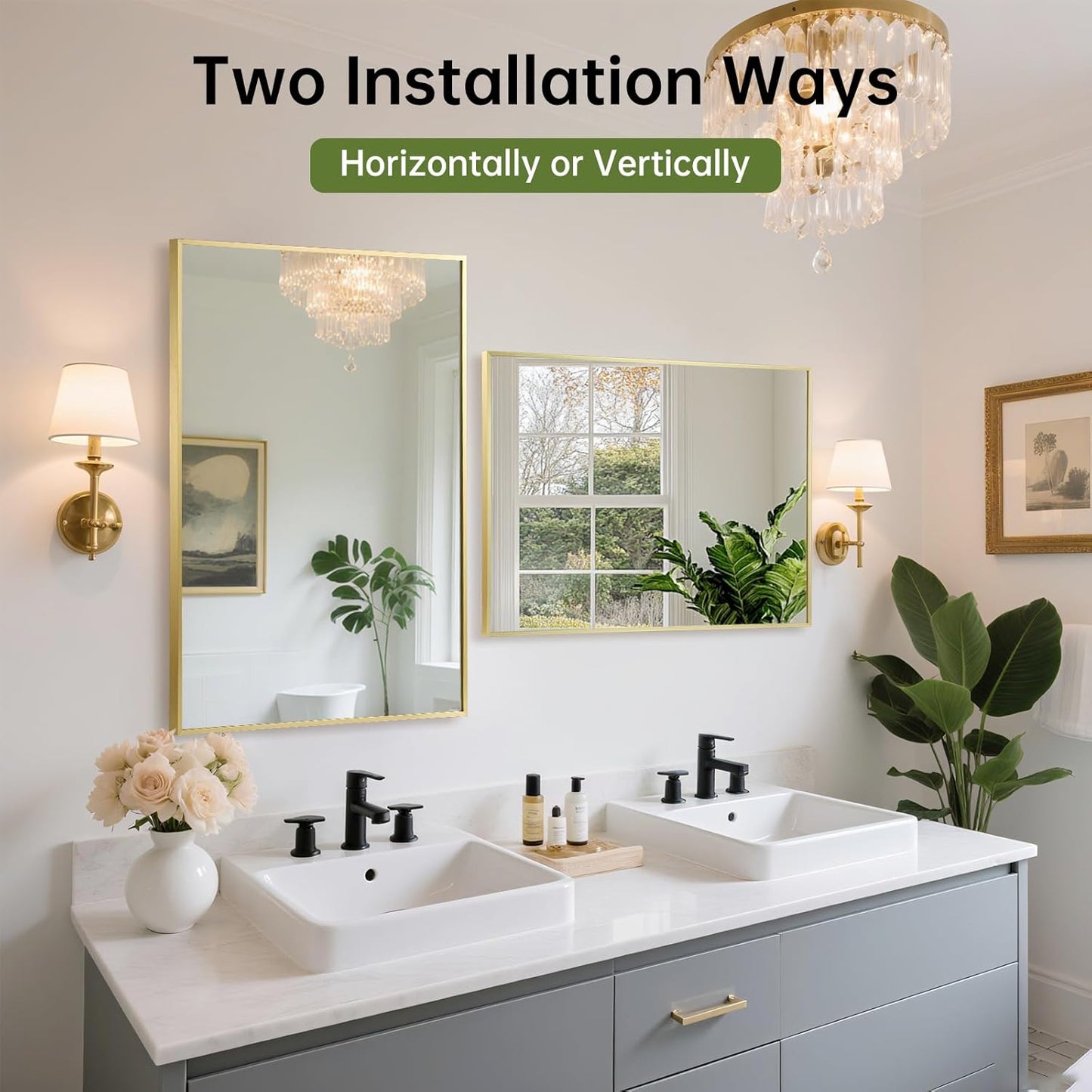 FARMER 24x32 Inch Gold Bathroom Mirror, Rectangle Wall Mounted Mirror, Vanity Mirror, Brushed Square Mirror, Framed Bathroom Mirror for Bedrooms, Entryways, Living Rooms, Horizontal/Vertical