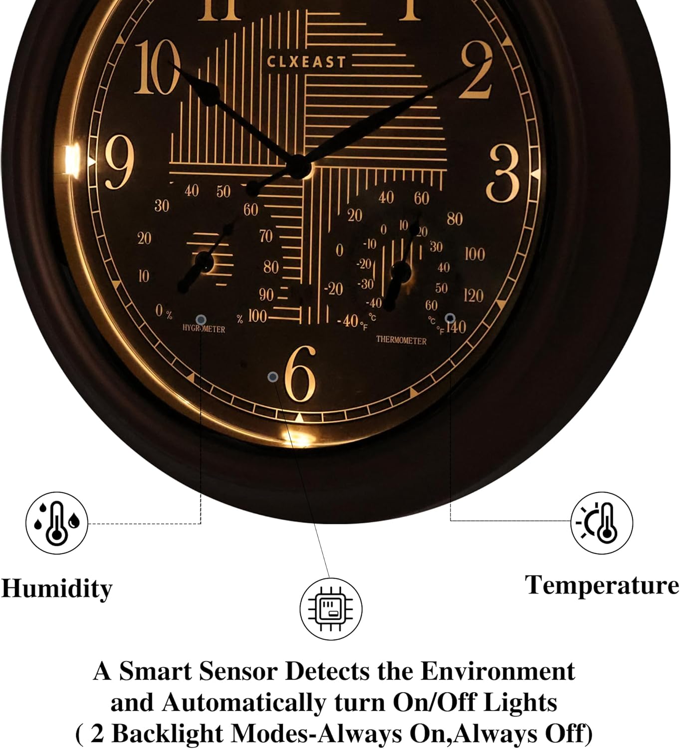 CLXEAST 18 Inch Illuminated Outdoor Indoor Atomic Analog Wall Clock with Temperature & Humidity, Lighted Outdoor Clocks for Patio Large Waterproof with Thermometer,Bronze Finish,House Warming Gifts