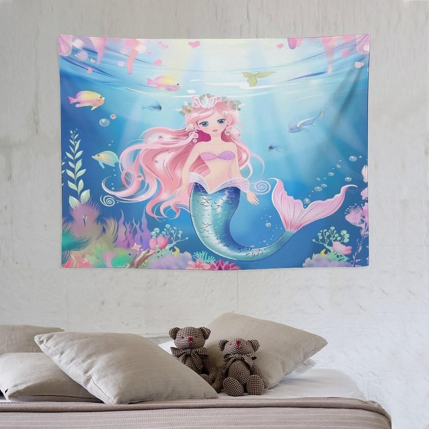 HZOHNAGO Mermaid Girls Tapestry Watercolor Mermaid Princess Pattern Printed Wall Tapestry Wall Hanging for Bedroom Living Room Dorm 40" W x 30" H