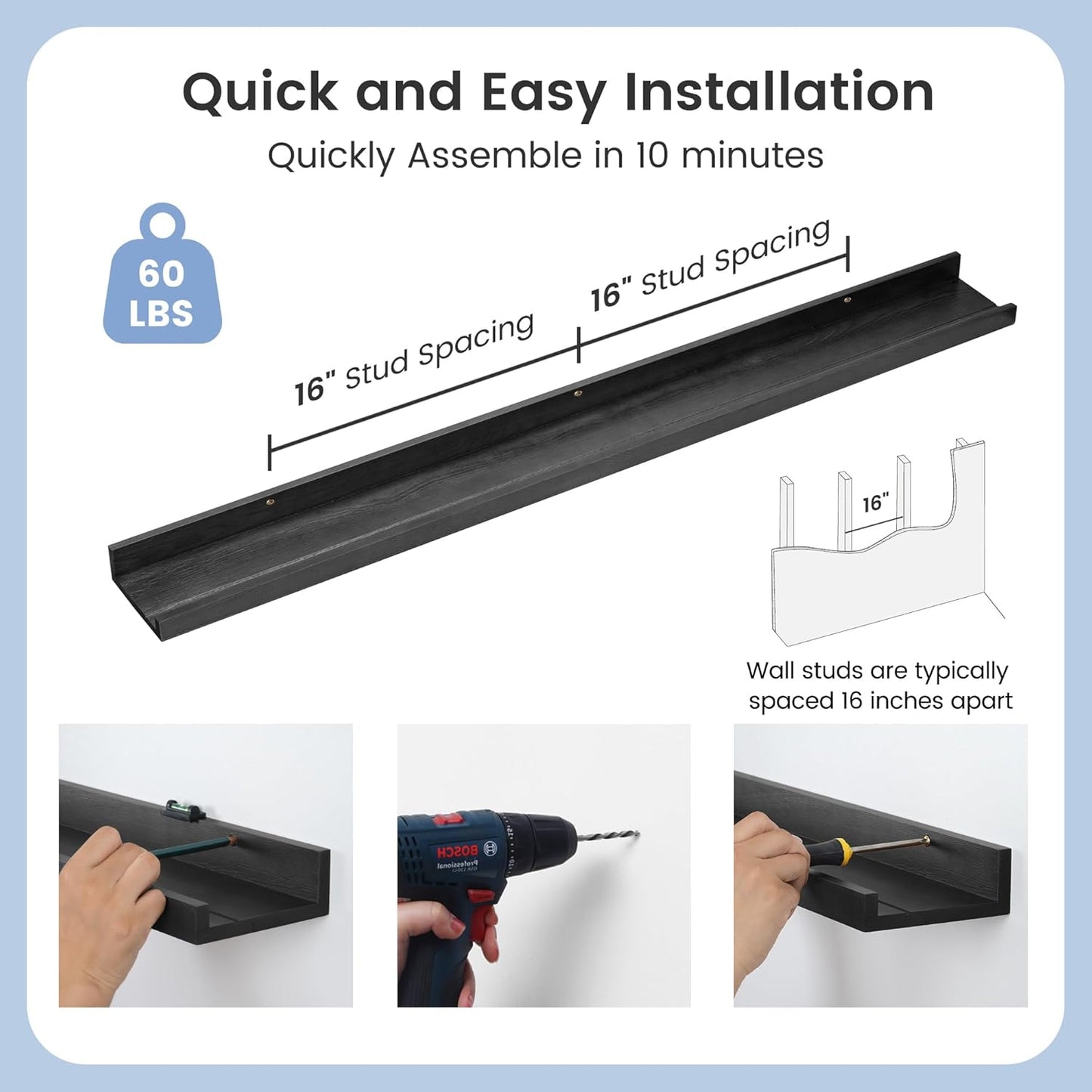 Picture Ledge Shelf for Wall, 48 inch Solid Pine Wood Nursery Book Shelves 2 Packs, Floating Ledge Shelves for Kids' Room Bedroom Bathroom Living Room Photo Frames Office Nursey Wall Decor, Black