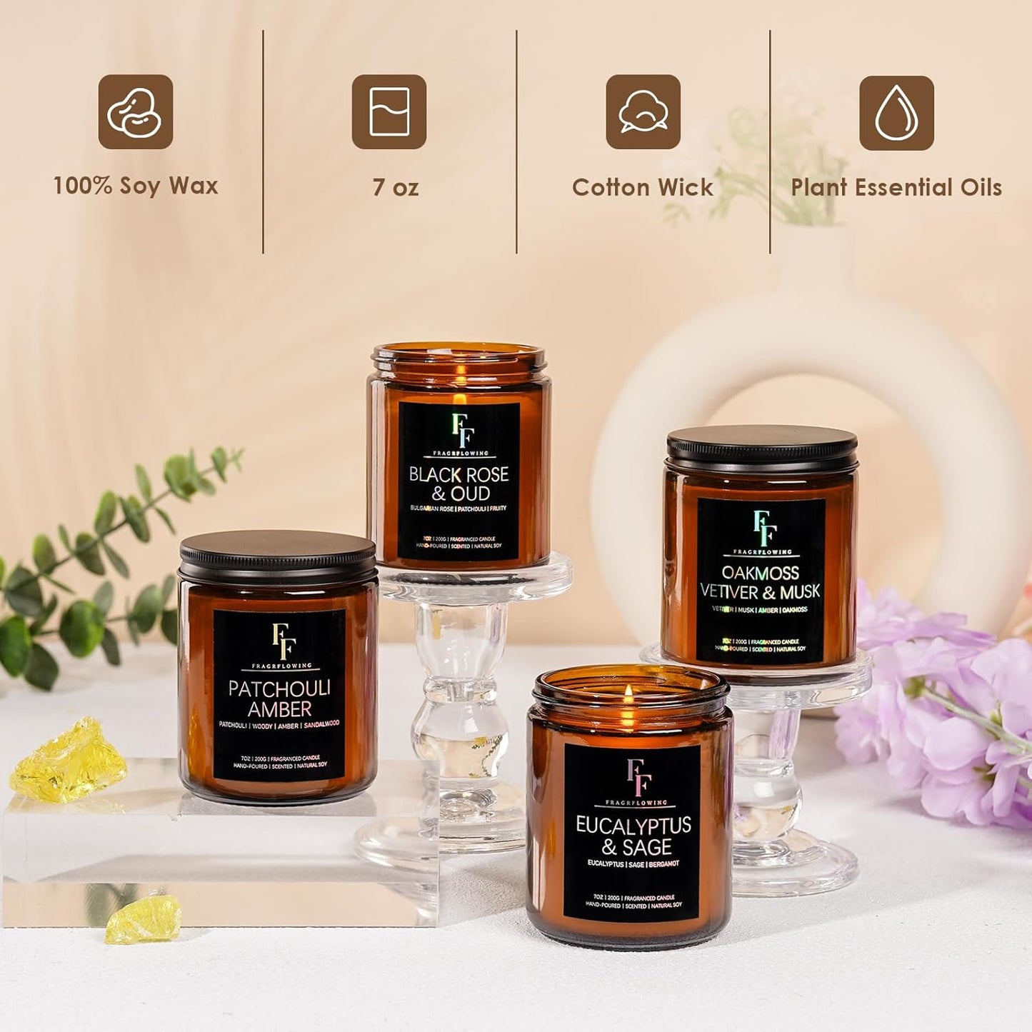 Scented Candles Set, Candles for Home Scented Soy Wax Candle, 4 Pack 28 Oz Aromatherapy Candles Gift Set for Women Men (Patchouli/Vetiver/Sage/Rose)