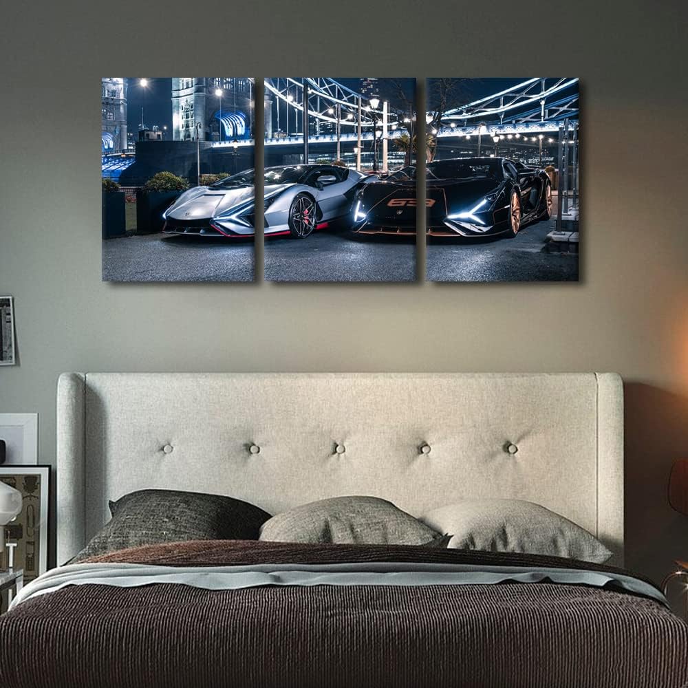 Wall Art for Living Room Black and White Sports Car Bedroom Wall Decor Super Car Wall Paintings for Office Speed Car on the Road Print On Canvas Modern Artwork Stretched Ready to Hang, 36"Wx16"H
