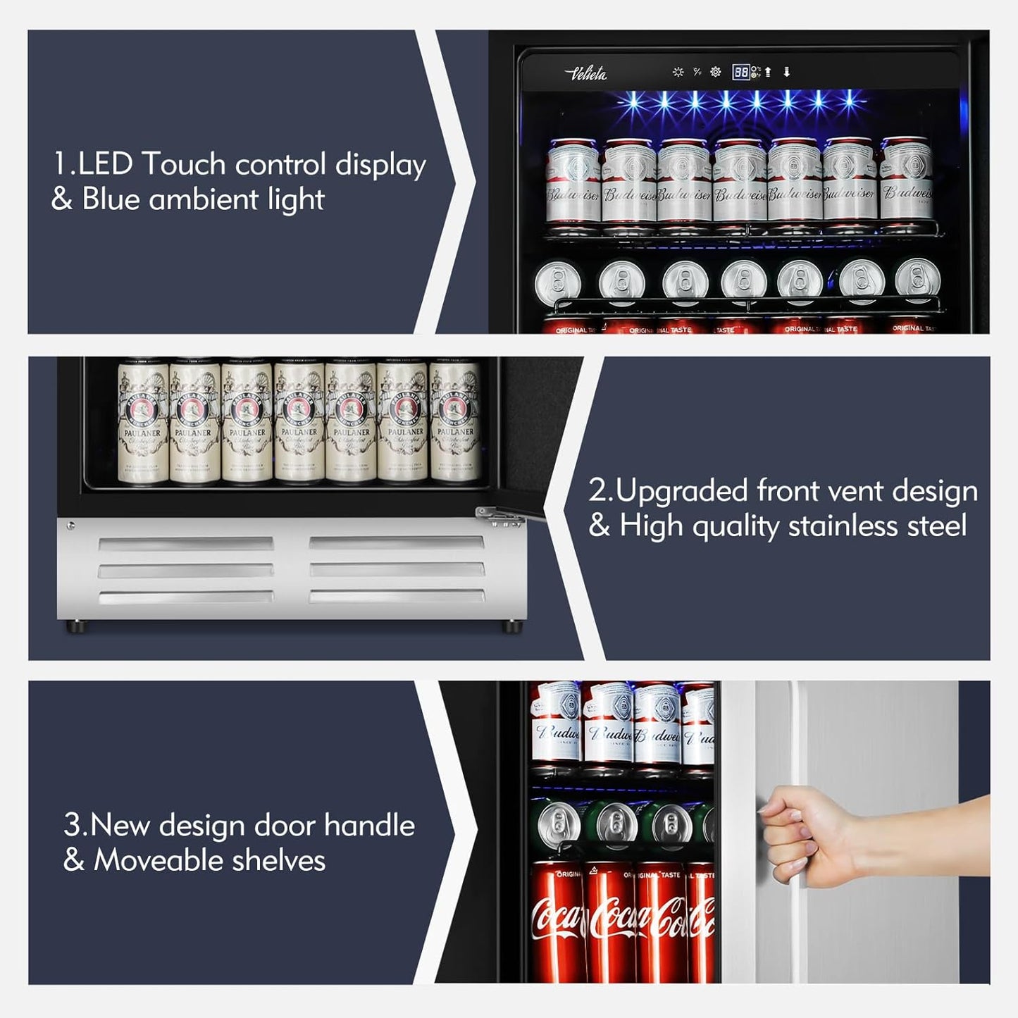 24 Inch Outdoor Beverage Refrigerator Cooler,Stainless Steel Wide Refrigerator for 210 Cans,Fit Perfectly for 24" Space Built-in Counter or Freestanding with powerful and quiet cooling system