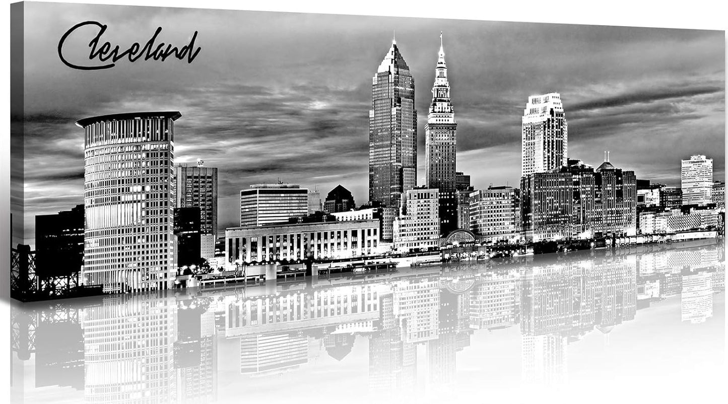 Cleveland Skyline Decor Wall Art Canvas Prints Black and White Night View USA Cityscape Panoramic Painting for Bedroom Office Framed and Ready to Hang 13.8"x47.3"