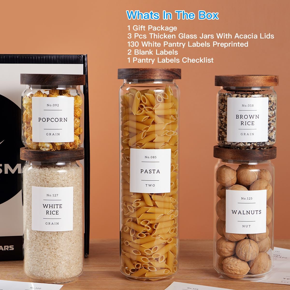 5 Set Glass Pantry Storage Jars with Acacia Airtight Lid - Thicken Glass Kitchen Canisters with 132 Pantry Labels - Clear Glass Food Storage Containers with Wood Lid for Tea,Sugar,Candy,Cookie,Pasta