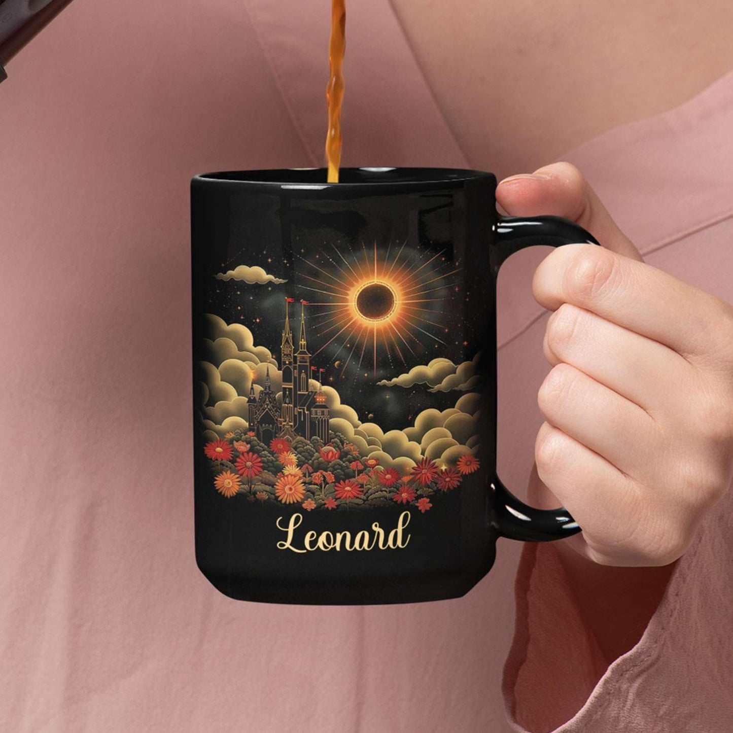 Personalized Name Coffee Mug 11oz 15oz, Custom Fantasy Castle Mug with Gothic Style, Vibrant Celestial Scene Ceramic Cup, Unique Castle Black Coffee Cup, Gifts for Her, Him