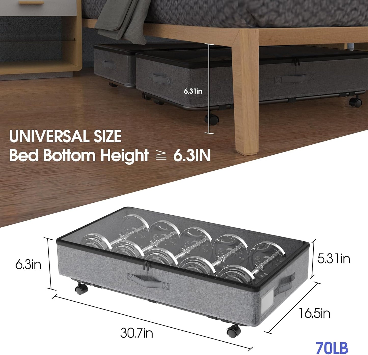 IUI Under Bed Storage with Wheels, 50L Capacity Under Bed Storage Containers, Under Bed Clothes Storage Containers with Clear Lid, Under Bed Storage Bins for Clothes,Shoes,Books,Toys,Gray,2 Pack