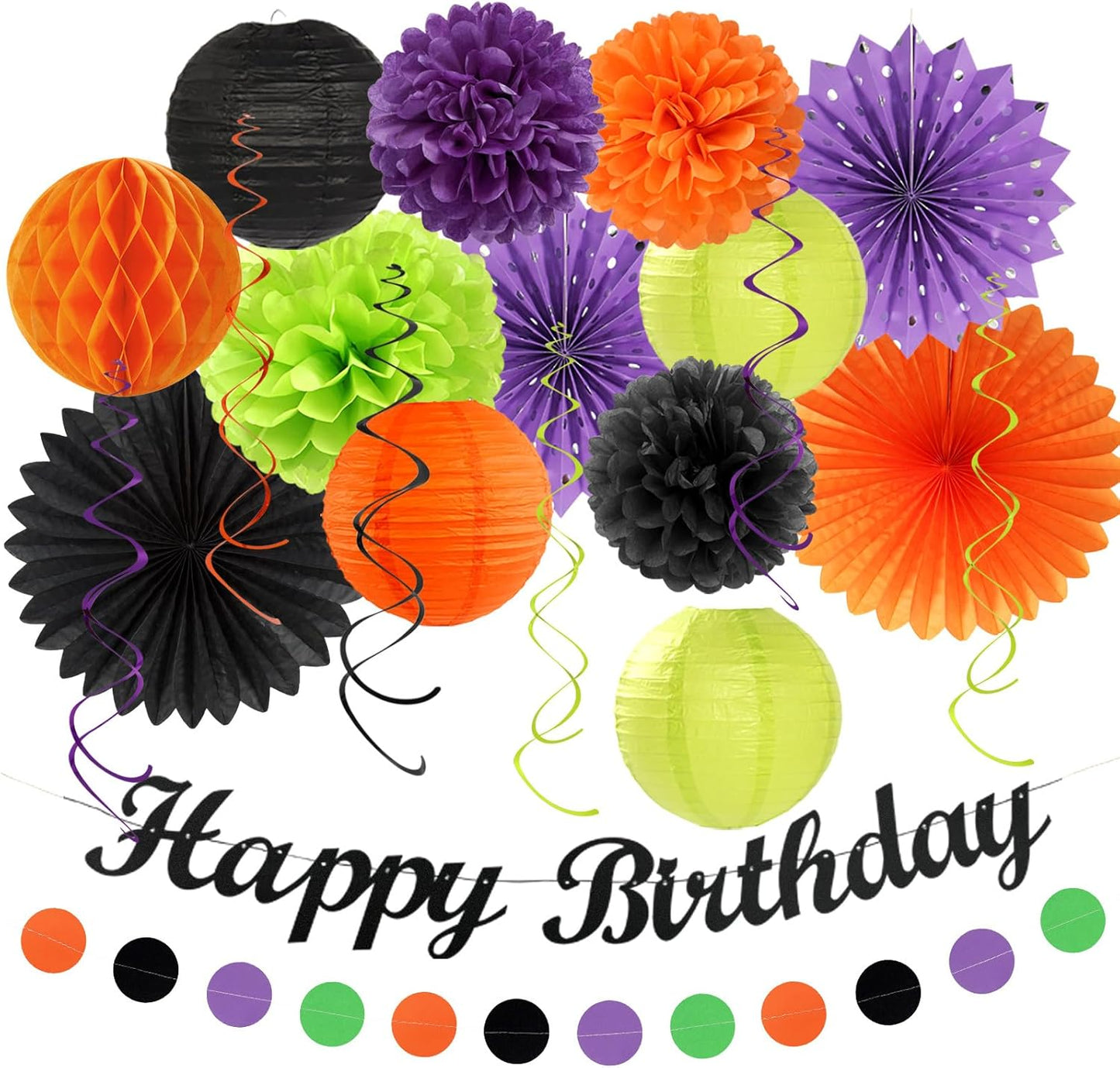 Black-Green Orange-Purple Halloween Birthday Party-Decorations - 21pcs Happy Banner,Paper Lanterns Honeycomb,Tissue Pom Poms Flower Fan,Kids Classroom Hanging Streamers Garland Decor Supplies Huglony