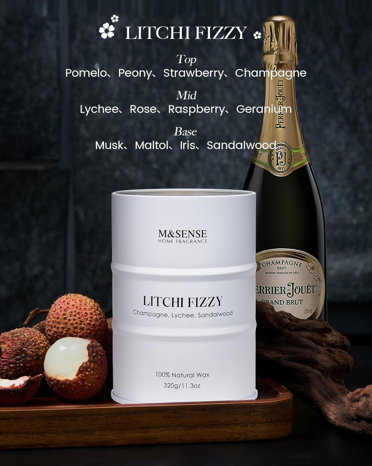 M&SENSE Soy Candles Litchi Fizzy Scented 11.3oz 70 Hour Long Lasting Natural Wax Non Toxic, Summer Candle Cozy Home Decor, Relaxing Aromatherapy Gifts for Women Mom Girlfriend