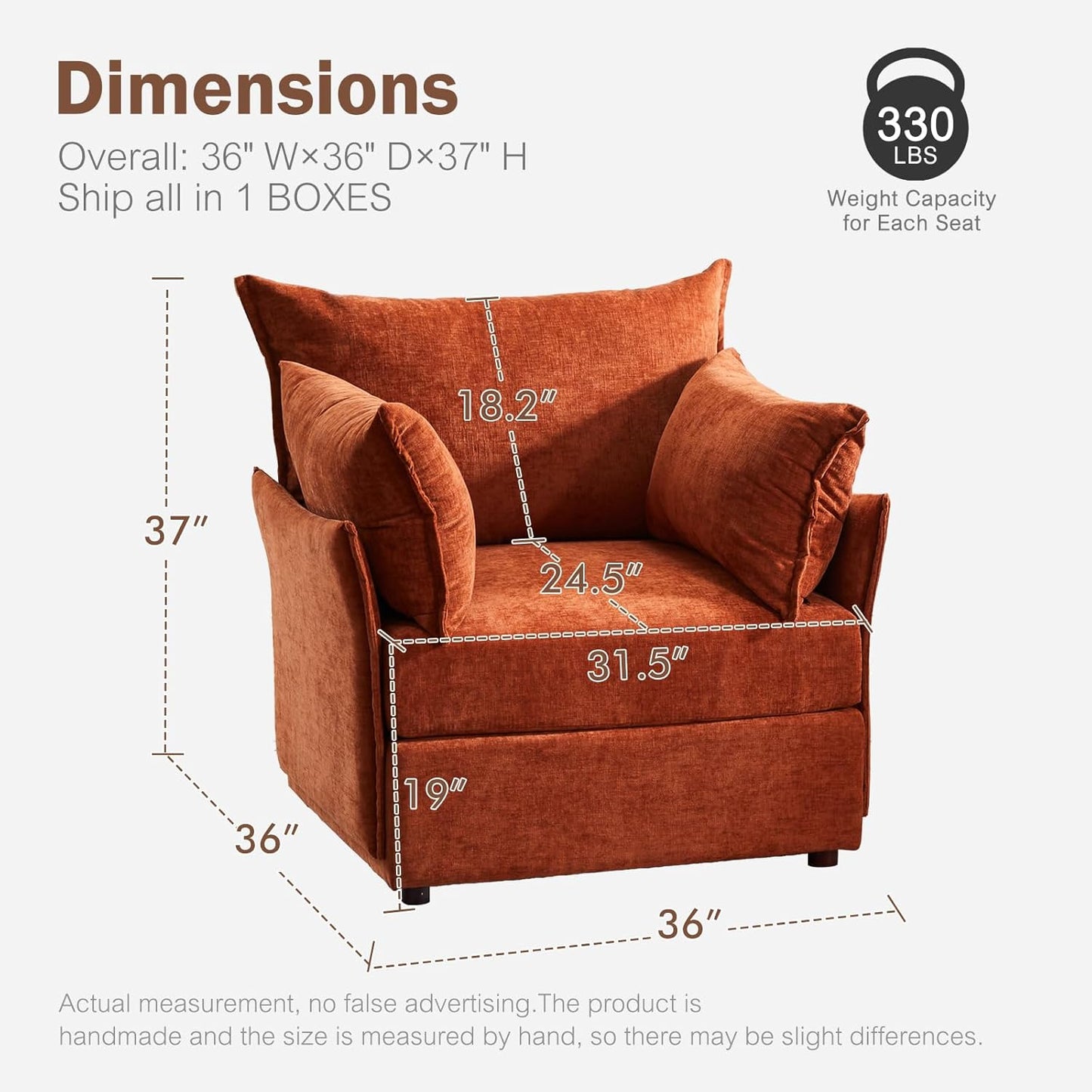 Oversized Accent Chair, Upholstered Modern Sofa Chair with Removable Backrest & Detachable Cover, 24.5" Deep Seat Large Reading Armchair for Living Room Bedroom - Chenille Terracotta Set of 2