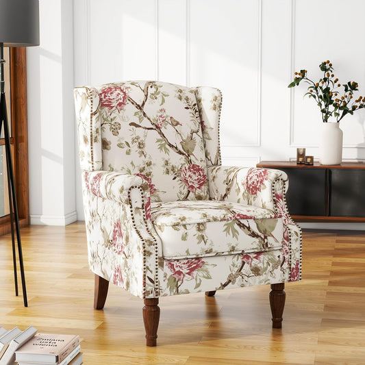 UIXE High Back Accent Chair, Wingback Upholstered Armchair in Fabric for Living Room, Retro Arm Chairs Nailhead Trim Single Sofa Bedroom Reading Seat with Solid Wood Legs - Beige Floral
