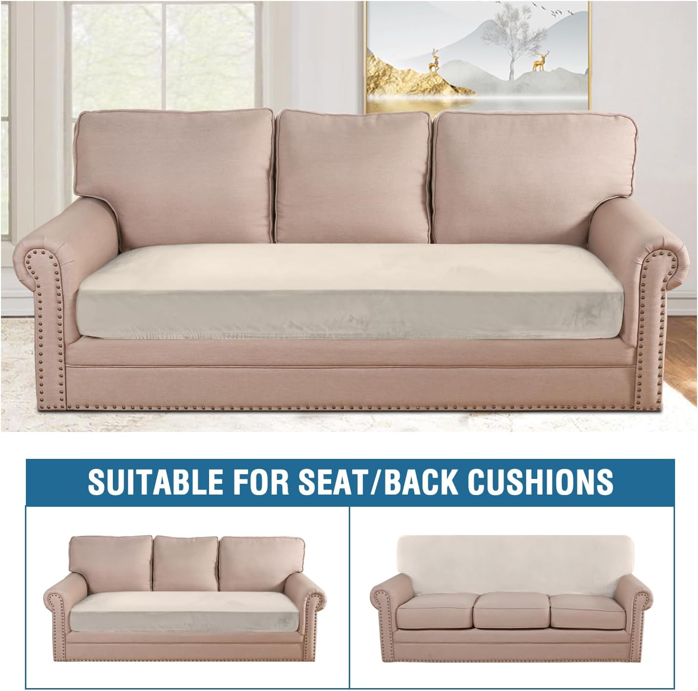 H.VERSAILTEX Velvet Stretch Individual Couch Cushion Cover Plush Cushion Slipcover for Loveseat Sofa Cushion Furniture Protector Seat Cushion Sofa Cover (1 Piece Sofa Cushion Cover, Ivory)