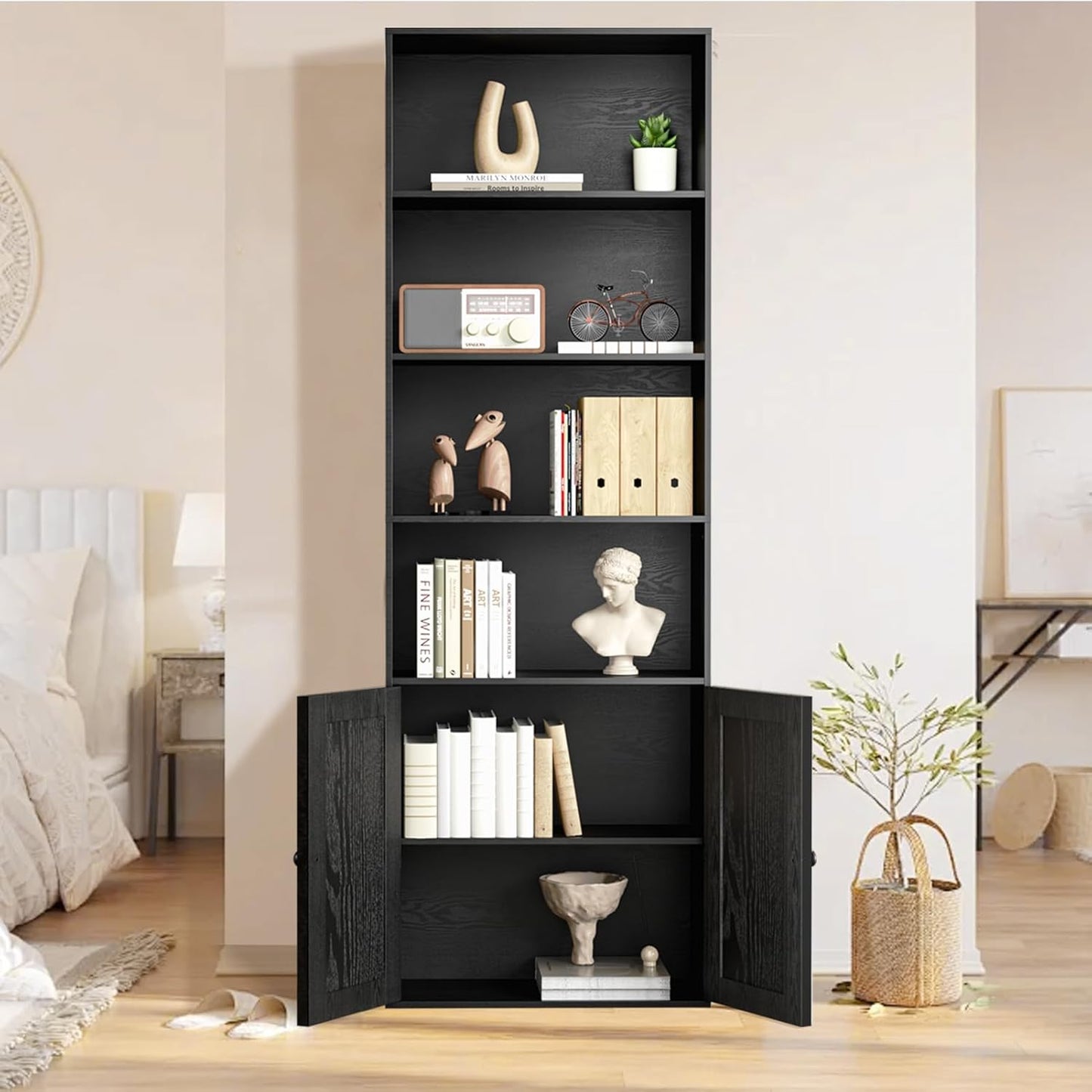 Tall Wooden Bookshelf with Cabinet and Doors – 70.86” Freestanding Tall Bookcase for Heavy Books, Living Room Storage, Home Office Shelf, Bedroom Organization – Vintage Black Wood Book Shelf