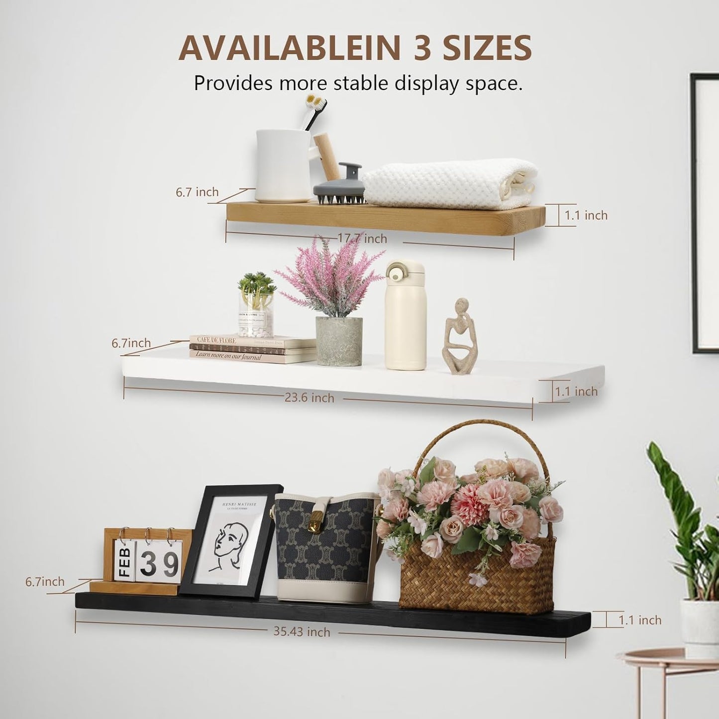 Solid Wood Floating Shelves Set of 2 - Natural, Warp & Crack Resistant 23.62 Inch Wall Shelf with Invisible Brackets Thicker, More Durable for Bathroom, Bedroom, Kitchen, Living Room (White, 23.62)