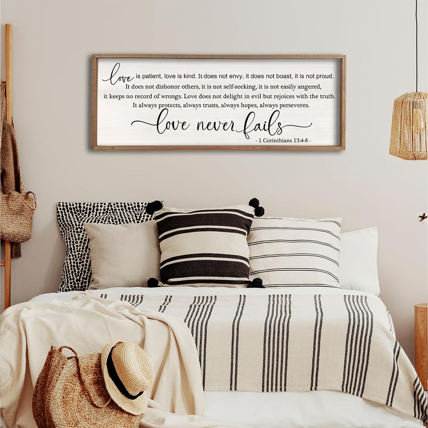 flowtorely Love is Patient, Kind Wall Art Decor 32"X12" Sign 1 Corinthians 13 Bedroom Above Bed Wall Decor Large Bible Verse Quote Scripture Christianity Hanging Sign (Wood)