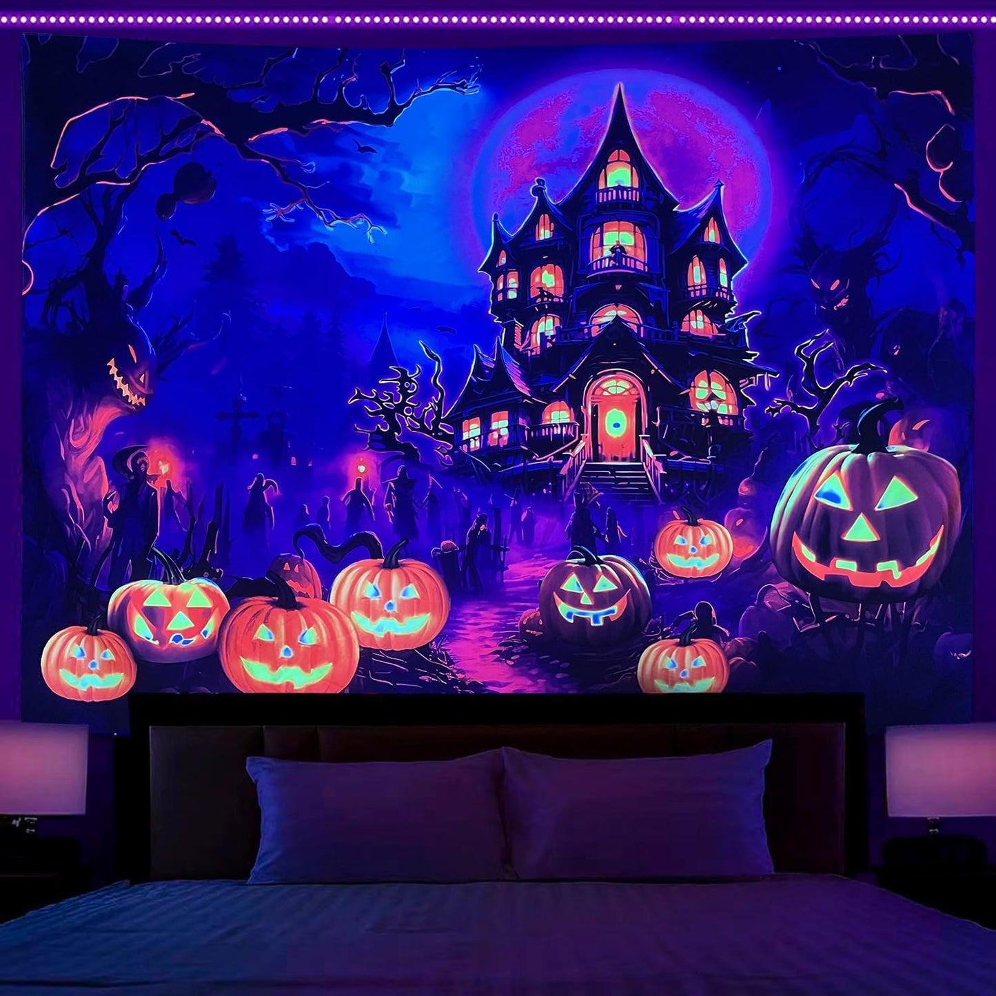 OSVINO Blacklight Halloween Castle Tapestry 90"x70" Pumpkins Ghosts Background Bedroom Aesthetic Hippie Room Decor Glow in The Dark Wall Poster for Halloween Easter