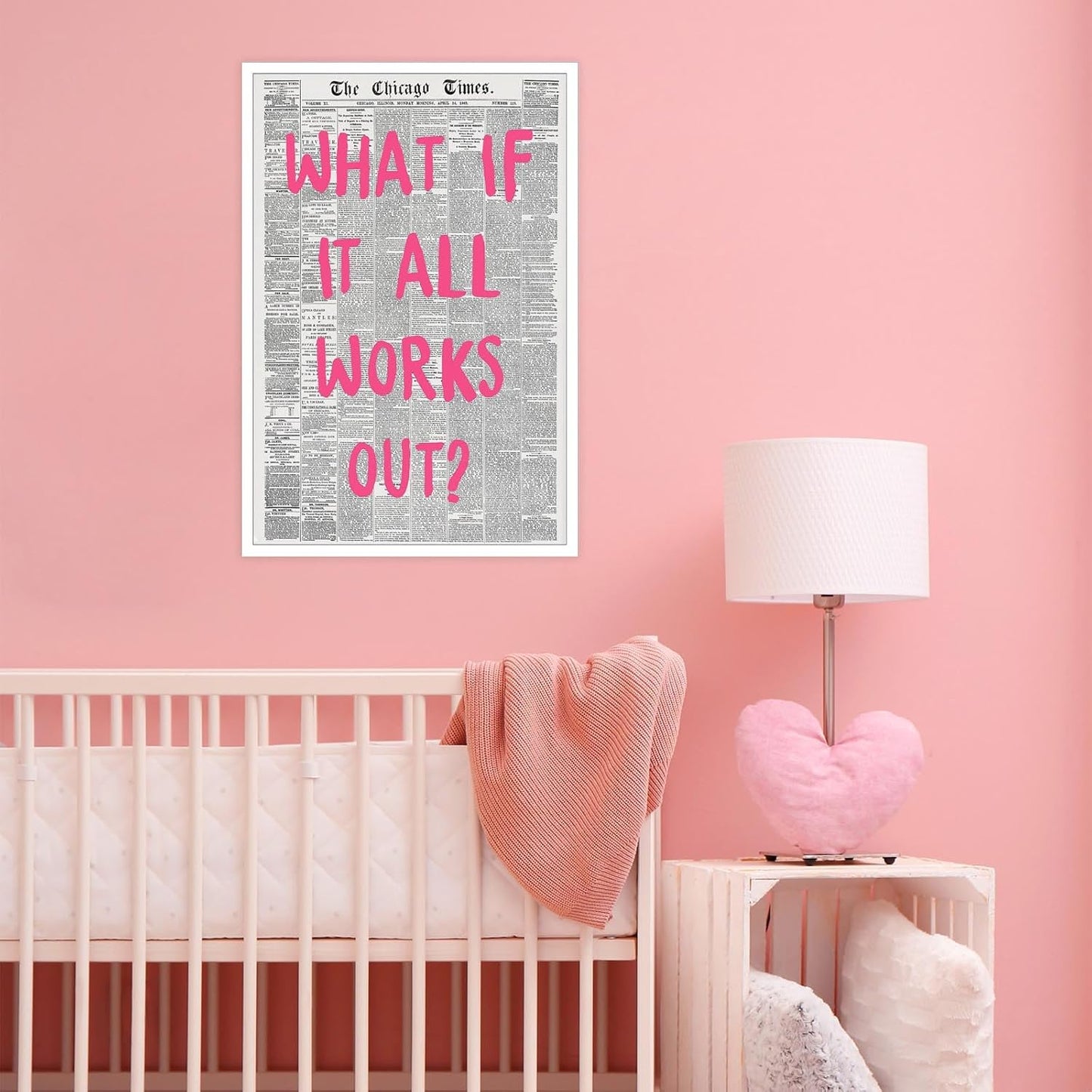 Liyark Retro Trendy Newspaper Canvas Wall Art - 'What If All Works Out' Positive Affirmation Quote - Pink Font - Minimalist Home Decor - 12x16in Unframed