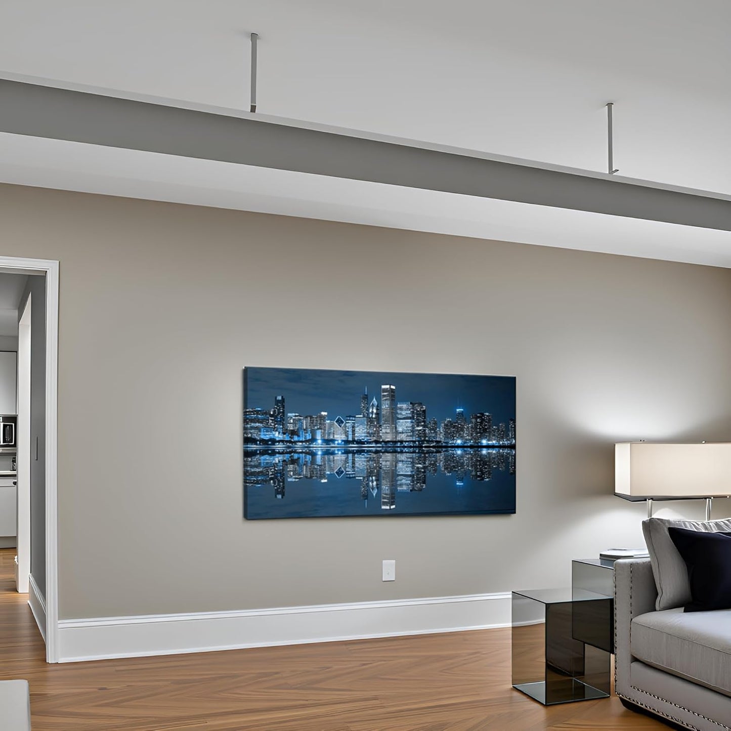 LevvArts Modern City Wall Art Chicago Downtown at Night Picture Print on Canvas Building Artwork for Office Living Room Wall Decoration