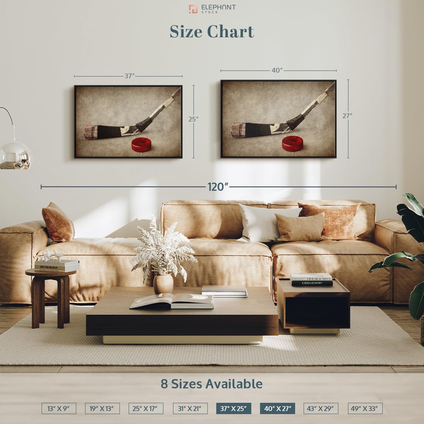 Elephant Stock Vintage Ice Hockey Wall Art - Horizontal Framed Canvas - 1-Piece Hallway Wall Decor - Photography Sports Canvas Print - Brown and Beige Decor for Wall - 37" X 25"