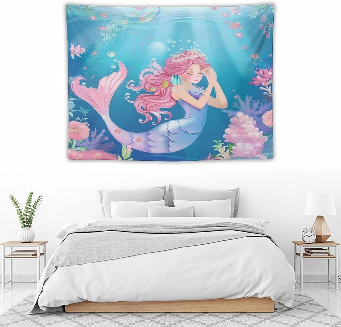 HZOHNAGO Mermaid Girls Tapestry Watercolor Flowers Mermaid Princess Blessing Pattern for Kids Room Decoration Printed Wall Tapestry Wall Hanging for Bedroom Living Room Dorm 40" W x 30" H