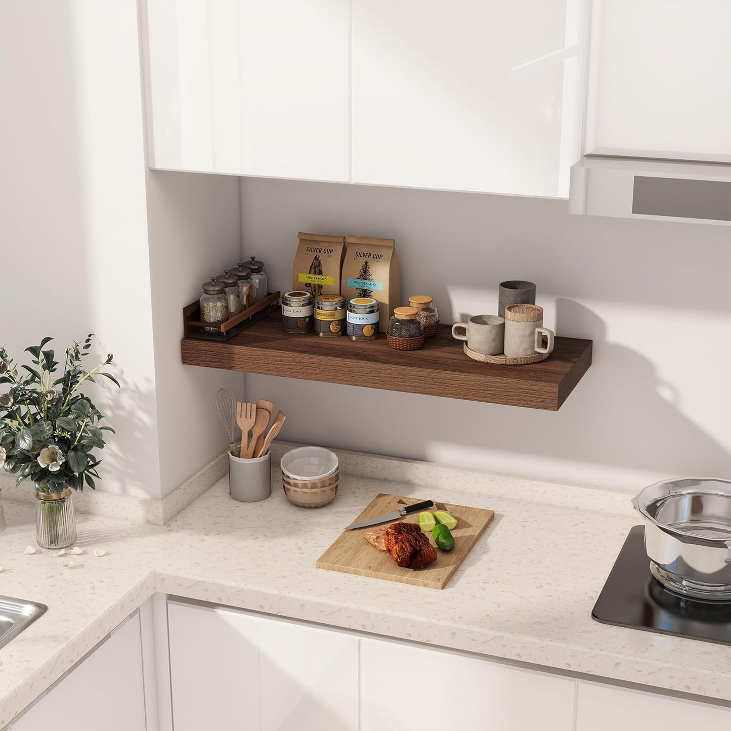 Floating Shelves 30 Inch Long, 12 Inch Deep Floating Shelf for Books, Rustic Wood 30 x 12 Storage Shelves for Wall Storage & Display, Thicked Wall Shelf for Kitchen, Living Room, Walnut Color, 1 Pack