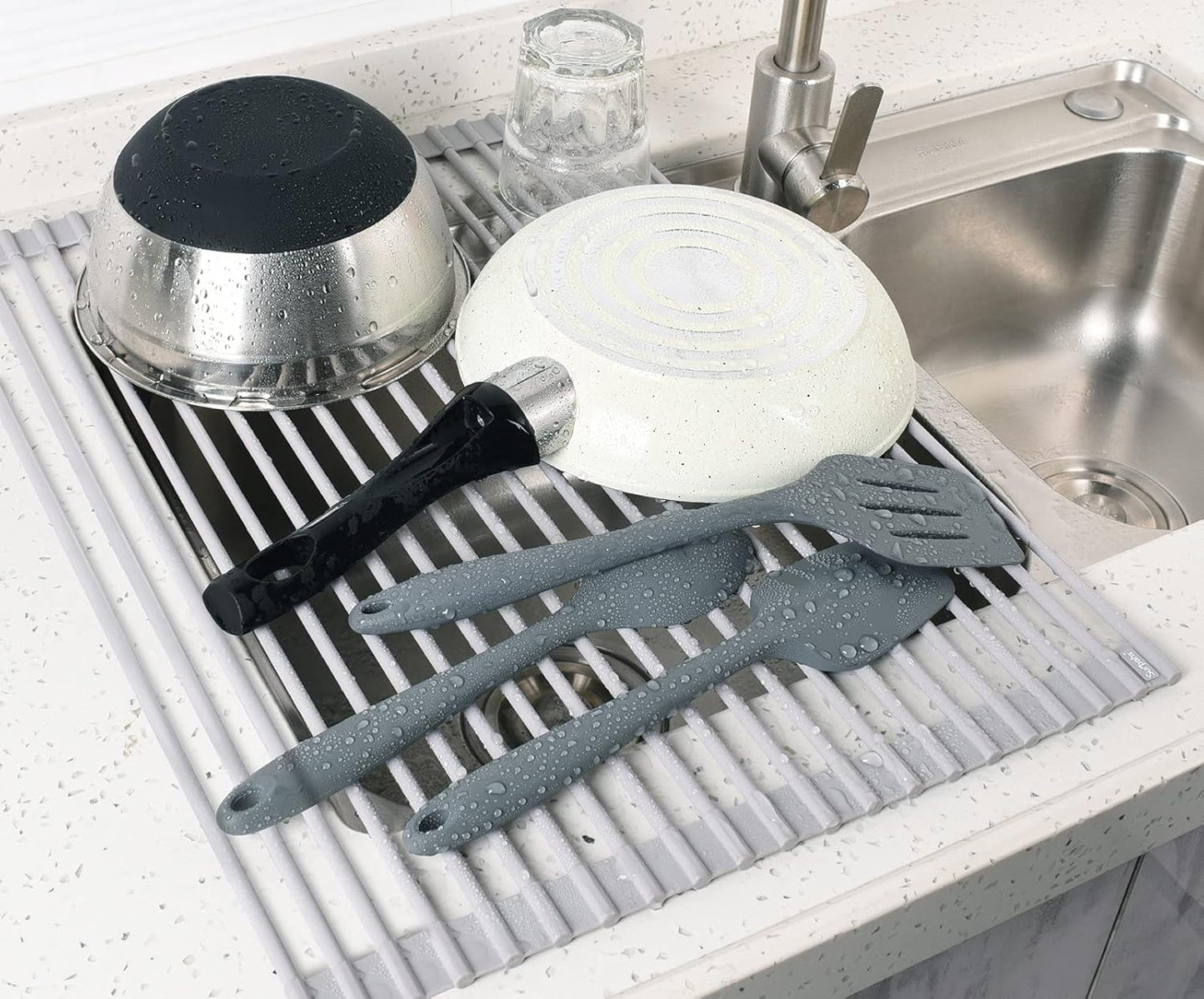 Surpahs Over Sink Foldable Multipurpose Roll-Up Dish Drying Rack, Silicone Wrapped Stainless Steel, Warm Gray, 20.5" x 15.5"