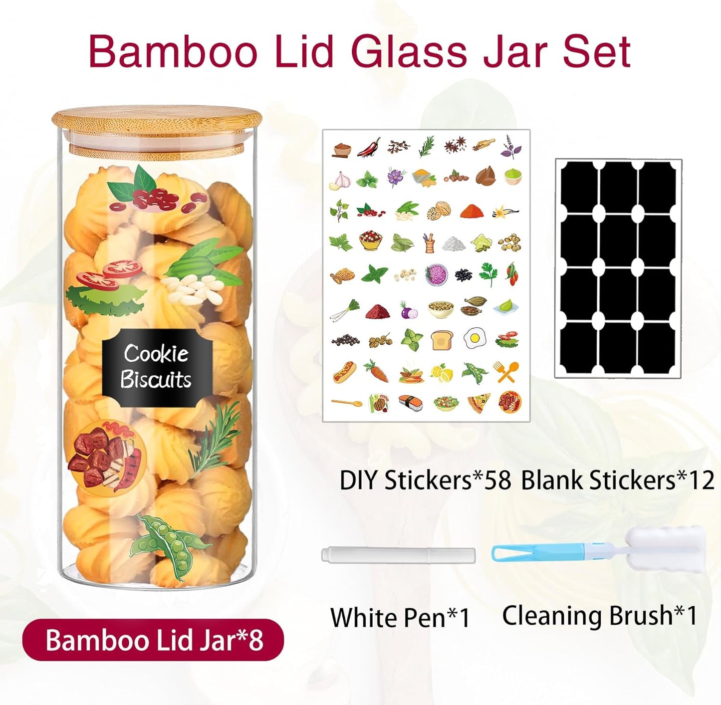 32 oz 8 Pcs Glass Jars with Bamboo Lids, Stackable Clear Food Storage Jars, Airtight Kichen Glass Pantry Storage Containers with Lids for Rice, Candy, Sugar, Flour, Nuts, Cookie, Coffee Bean