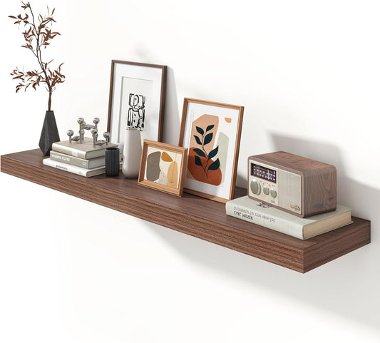 Deep Floating Shelves for Wall - 55 Inch Wide x 12 Inch Deep Wall Shelves Set of 1 - Rustic Walnut Color Wood Shelves for Living Room, Bathroom, Laundry Room, Bedroom, Kitchen, Home Office